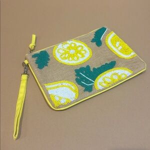 Francesca's Jute woven clutch with beaded lemons